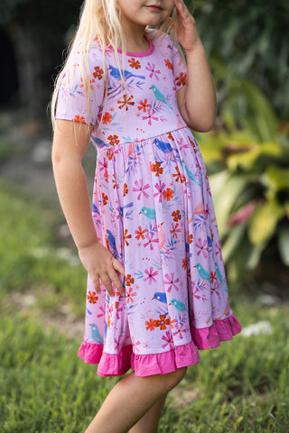 Blooming Birds | Toddler & Girls Bamboo Ruffle Twirl Dress