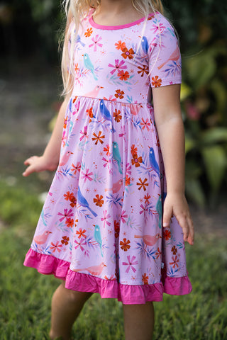 Blooming Birds | Toddler & Girls Bamboo Ruffle Twirl Dress