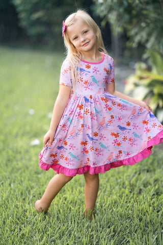 Blooming Birds | Toddler & Girls Bamboo Ruffle Twirl Dress