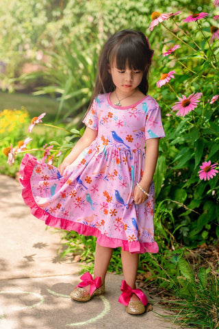 Blooming Birds | Toddler & Girls Bamboo Ruffle Twirl Dress