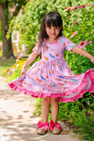 Blooming Birds | Toddler & Girls Bamboo Ruffle Twirl Dress