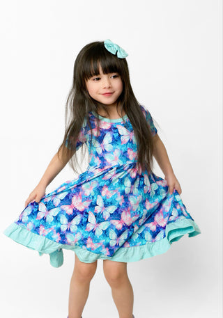 Electric Butterflies | Toddler & Girls Bamboo Ruffle Twirl Dress