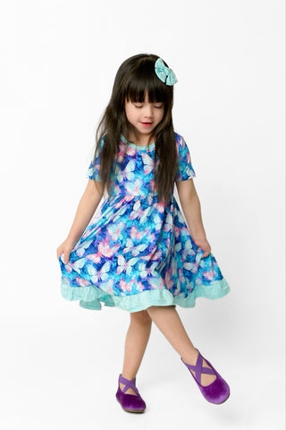 Electric Butterflies | Toddler & Girls Bamboo Ruffle Twirl Dress