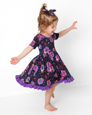 Halloween | Violet Webs | Toddler & Girls Bamboo Ruffle Twirl Dress