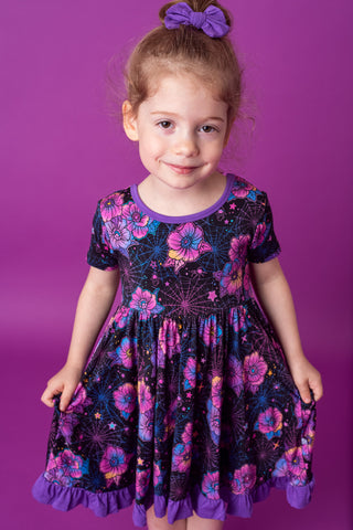 Halloween | Violet Webs | Toddler & Girls Bamboo Ruffle Twirl Dress