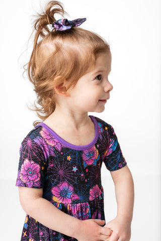 Halloween | Violet Webs | Toddler & Girls Bamboo Ruffle Twirl Dress