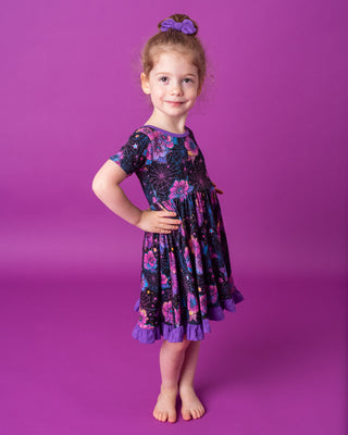 Halloween | Violet Webs | Toddler & Girls Bamboo Ruffle Twirl Dress