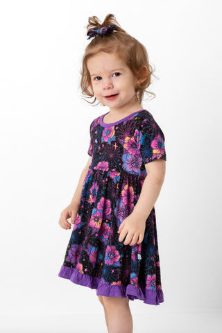 Halloween | Violet Webs | Toddler & Girls Bamboo Ruffle Twirl Dress