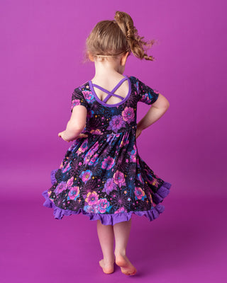 Halloween | Violet Webs | Toddler & Girls Bamboo Ruffle Twirl Dress