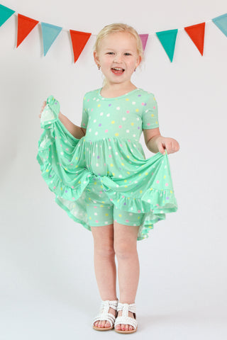 Pastel Dots | Toddler & Girls Bamboo Ruffle Twirl Dress & Shorts