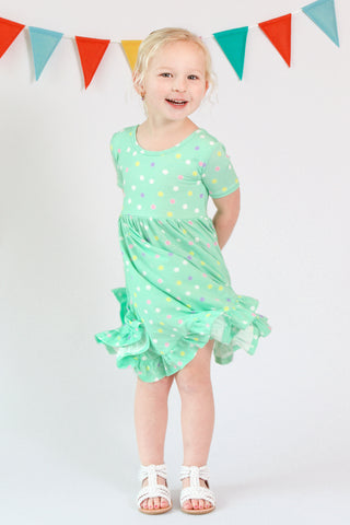 Pastel Dots | Toddler & Girls Bamboo Ruffle Twirl Dress & Shorts