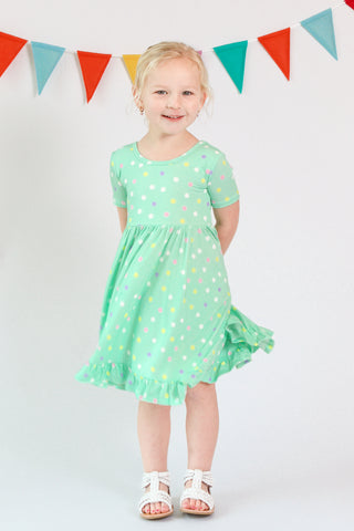 Pastel Dots | Toddler & Girls Bamboo Ruffle Twirl Dress & Shorts