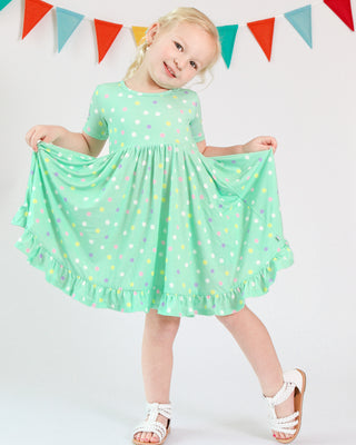 Pastel Dots | Toddler & Girls Bamboo Ruffle Twirl Dress & Shorts