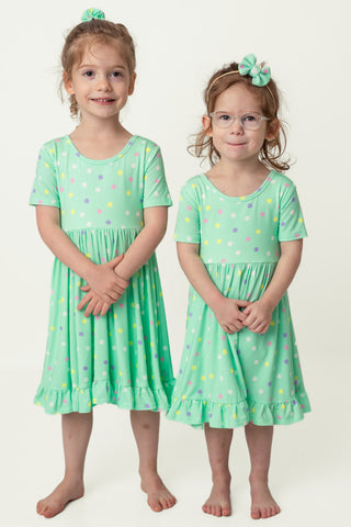 Pastel Dots | Toddler & Girls Bamboo Ruffle Twirl Dress & Shorts