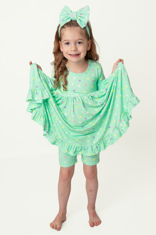 Pastel Dots | Toddler & Girls Bamboo Ruffle Twirl Dress & Shorts