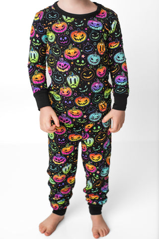Bamboo pajamas for toddlers and kids in glowing neon Halloween Pumpkins print 