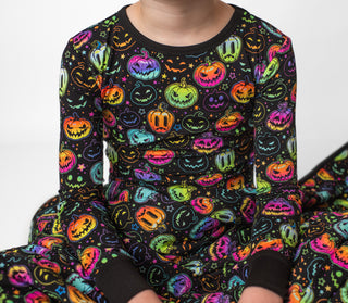 Bamboo pajamas for toddlers and kids in glowing neon Halloween Pumpkins print 