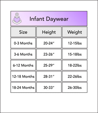 Size chart for bamboo infant daywear