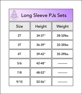Size chart for bamboo long sleeve pajama sets