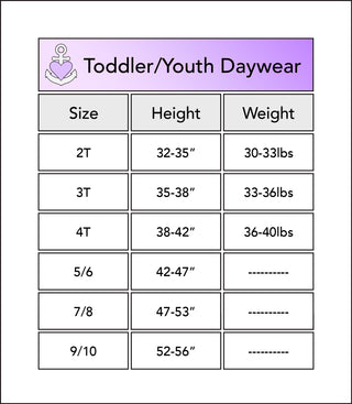 Size chart for bamboo toddler and youth daywear